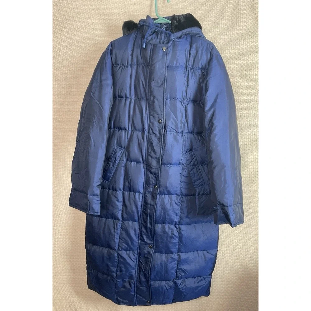 SM2 Womens Size M To L Navy Blue Down‎ Hooded Puffer Long Coat Faux Fur Trim